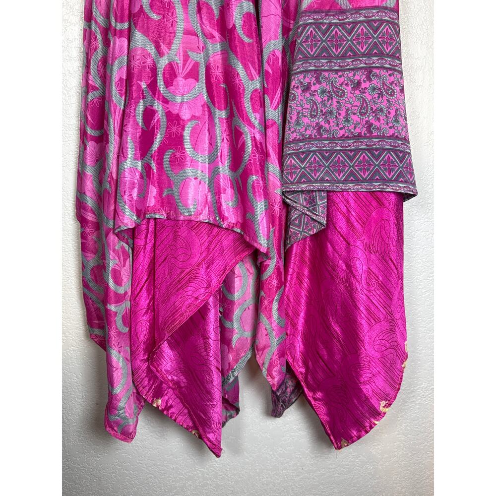Vintage Asymmetrical Silk Dress Pink Mixed Prints Smocked Bust Womens Small - Picture 5 of 8